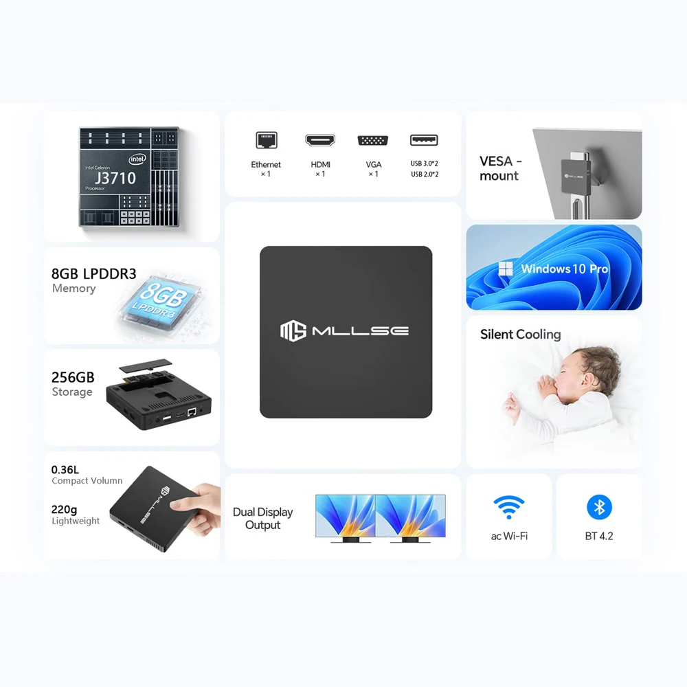 MLLSE M2 Pro Mini PC Intel Celeron J3710 CPU 8G RAM 256G ROM
