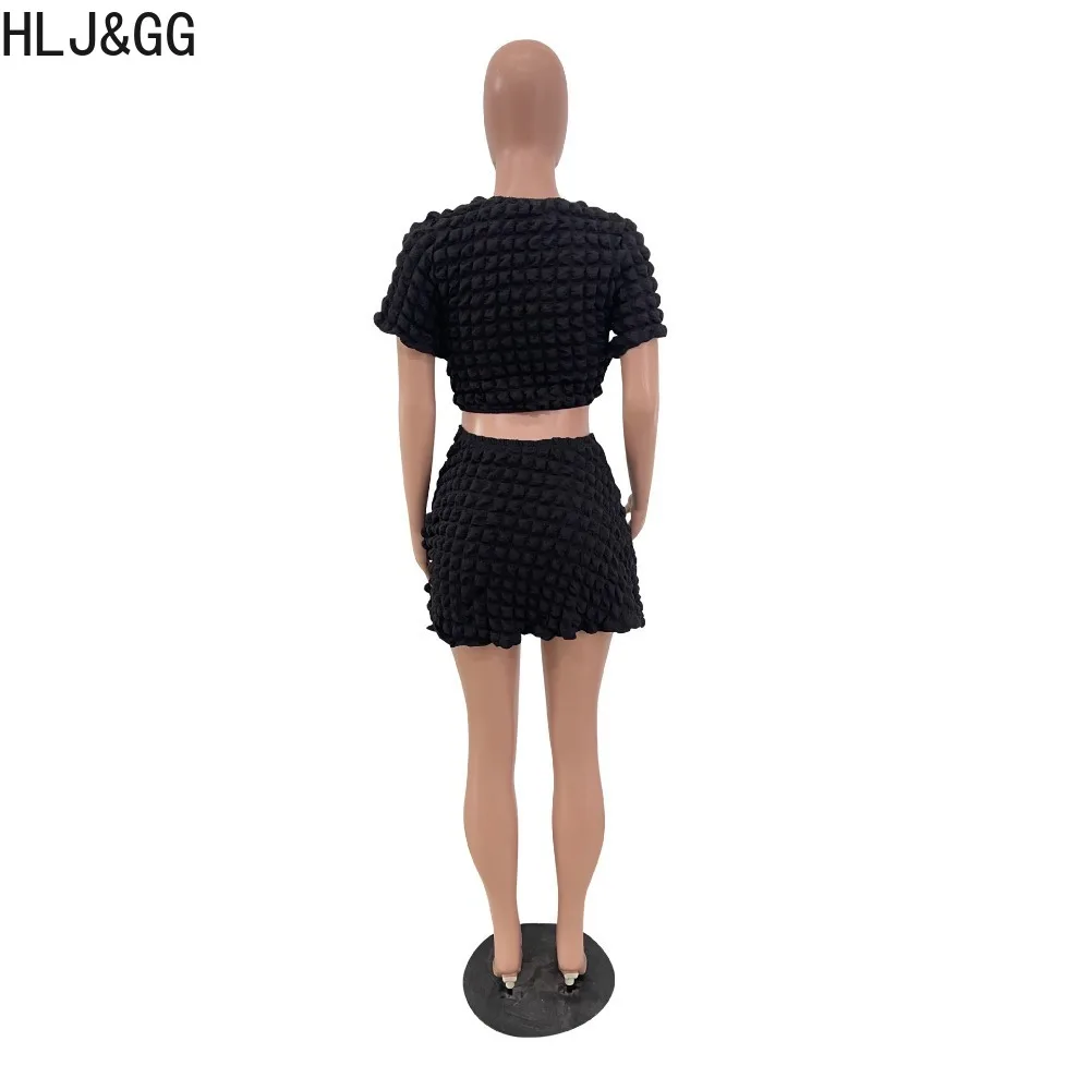HLJ&GG Summer Solid Color Puff Mini Skirts Two Piece Sets Women O Neck Short Sleeve Crop Top And Skirts Outfits Female Clothing