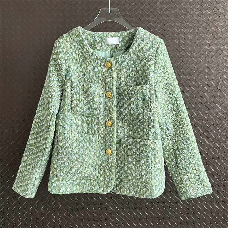 

Runway Fashion Autumn Small Fragrance Tweed Women's Luxury Green Plaid Jacket Coats Outerwear Female Casaco Top Chaquetas