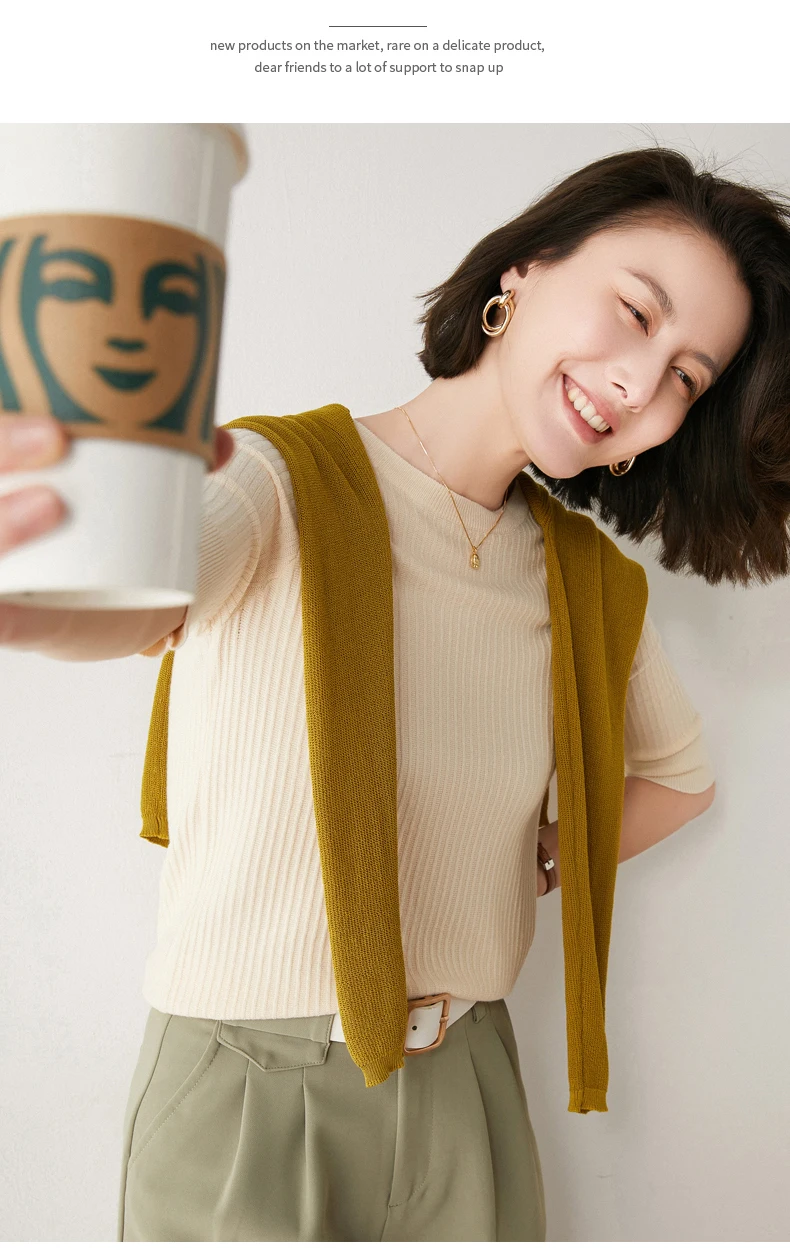 Spring and Summer New Half-sleeved Women O-neck Slim Wool Cotton Blend Pullover Vest T-shirt Knitted Base Sweater brown cardigan