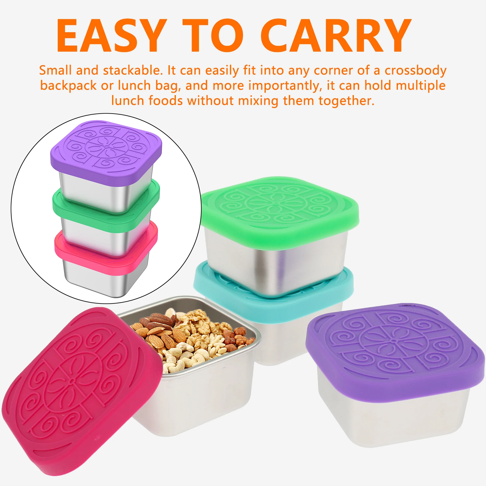 4Pcs 6oz Snack Container Stainless Steel Snack Container Sauce Box with Silicone Lids Leakproof Stackable Food Storage Container 6