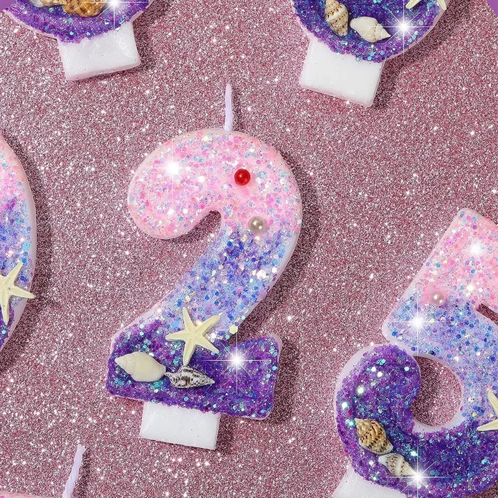 Cake candles Gradient Purple 1 Year Mermaid for Party Decoration Sparkly Seafish Conch Topper