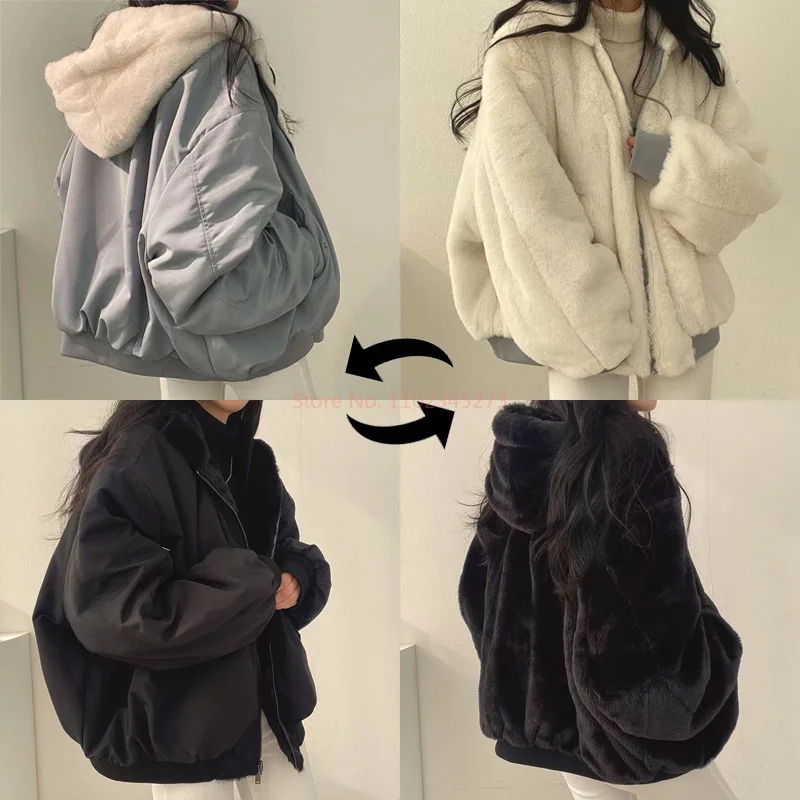 Flanelle épaisse, veste double face en laine d'agneau, manteau pour femme, nouvelle veste d'hiver en coton à capuche avec fermeture éclair, haut 1 Flanelle épaisse, veste double face en laine d'agneau, manteau pour femme, nouvelle veste d'hiver en coton à capuche avec fermeture éclair, haut 1