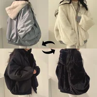 Flanelle épaisse, veste double face en laine d'agneau, manteau pour femme, nouvelle veste d'hiver en coton à capuche avec fermeture éclair, haut 1