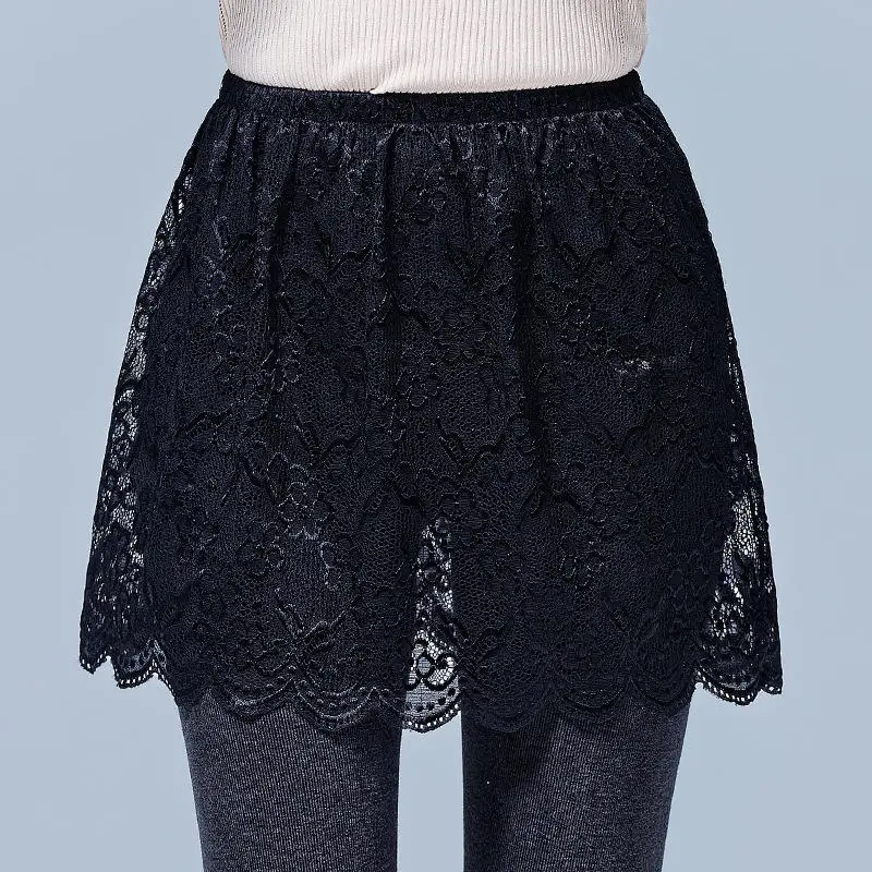 Women Floral Lace Layering Faux Top Mini Skirt Pleated A-Line Flare Fake Hem Shirt Extender Half-Length Underskirt