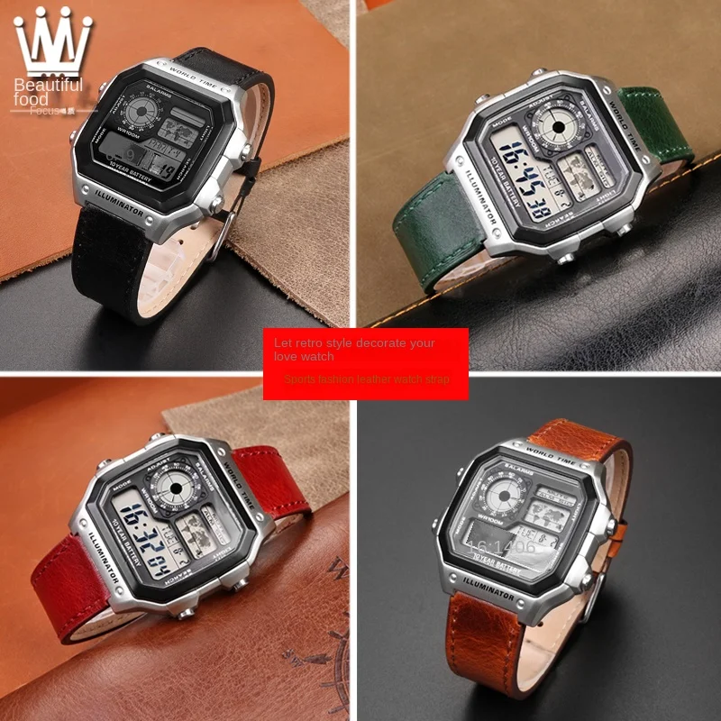 Pulseira Retrô de Couro Genuíno Masculina Pulseira para Casio G-shock Ae1200wh 1300 1000 A159 A158 Aq-s810w Mrw200h 18 mm - Image 3