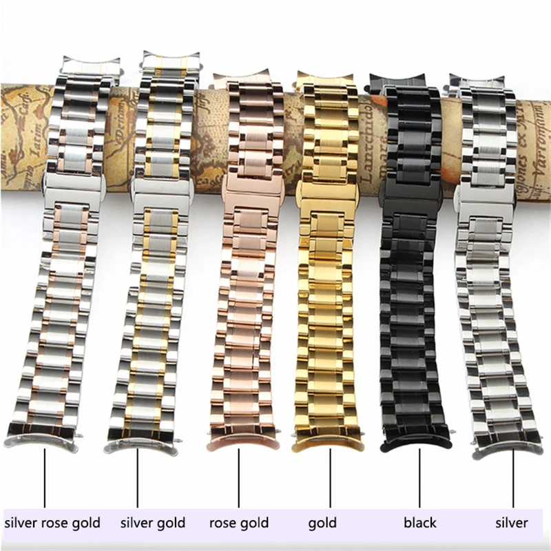 Curved End Stainless Steel Watch Band with Butterfly Buckle - Multiple Size Options Available