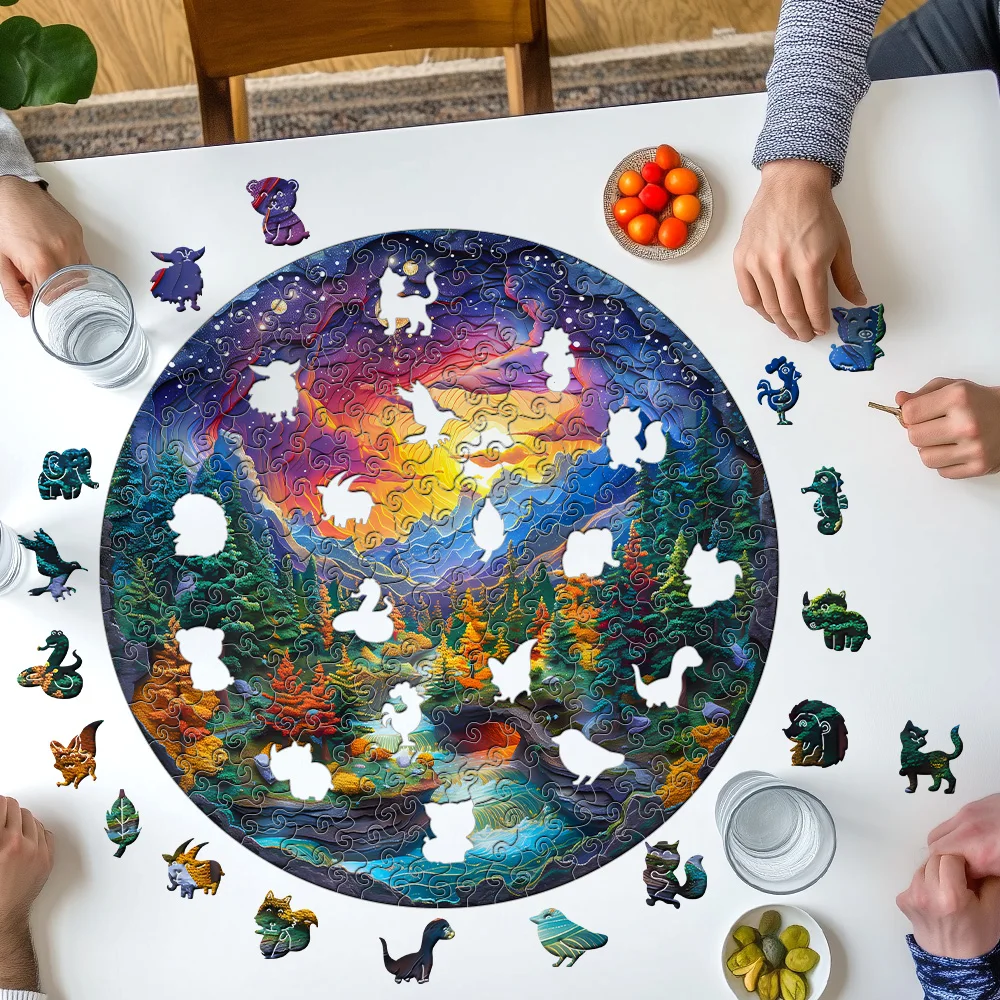 Wooden Puzzles for Adults, Visual 3D Sunset Forest Wooden Jigsaw Puzzles, Wood Puzzles Adult, Unique Animal Shape Wood Cut Puzzl 4