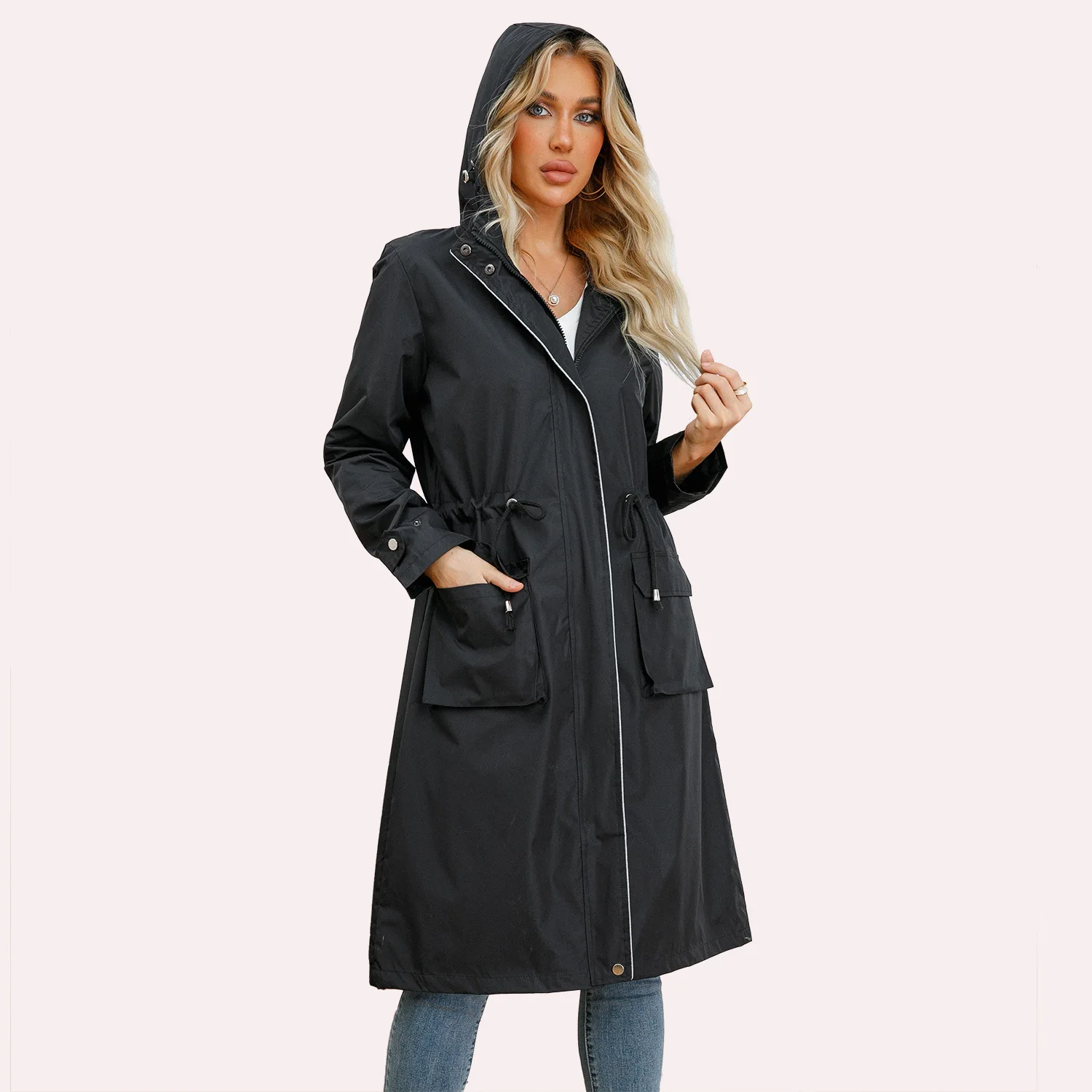 

2023 Spring and autumn new casual women's windbreaker anti-splash hooded solid color top striped lining cloth straight coat