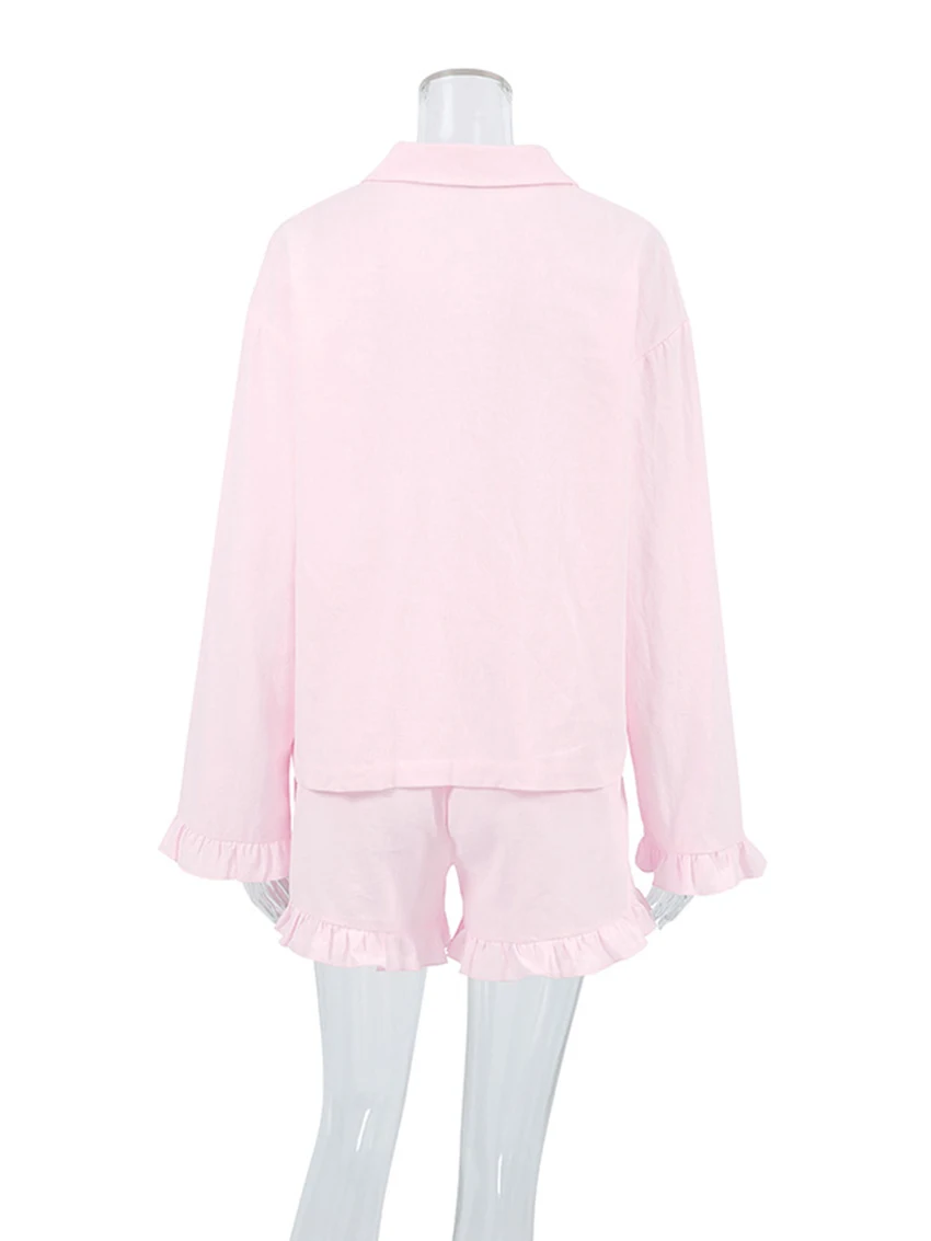 Marthaqiqi Cotton Women'S Sleepwear Suit Sexy Turn-Down Collar Nightwear Long Sleeve Nightgowns Shorts Casual Ladies Pajamas Set