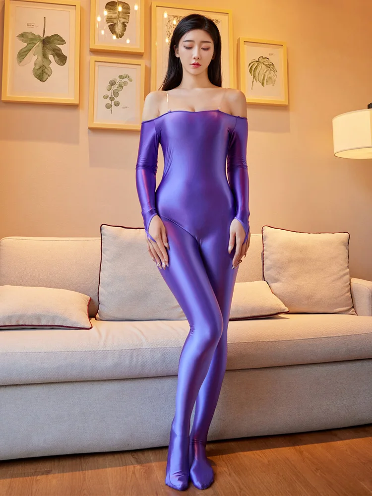 

Sexy Glove Sleeve Elastic Bodysuits Oil Glossy Shiny See Through Shaping Leotard Sexy Tight Off Shoulder Jumpsuit Candy Color