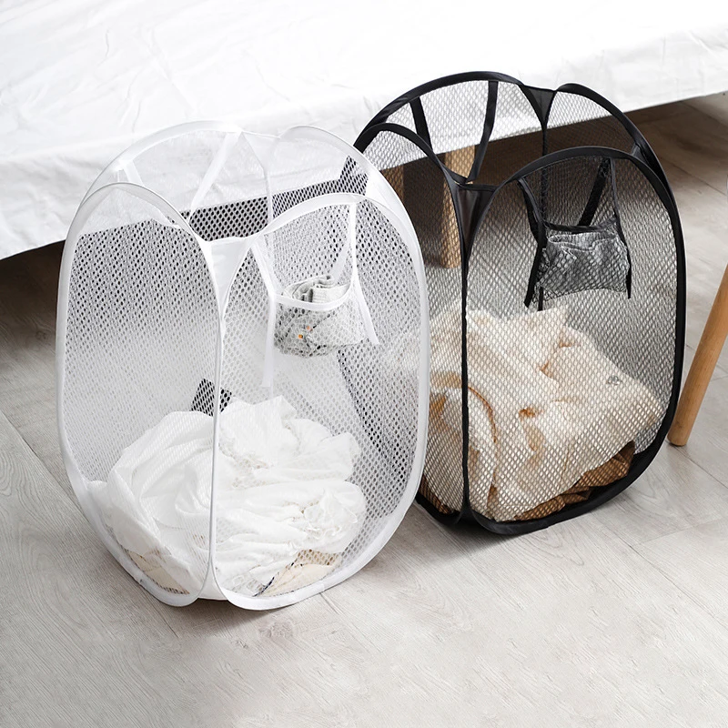 Folding Laundry Basket Mesh Nylon Dirty Clothes Basket Bathroom Laundry Storage Bag Collapsible Large Capacity