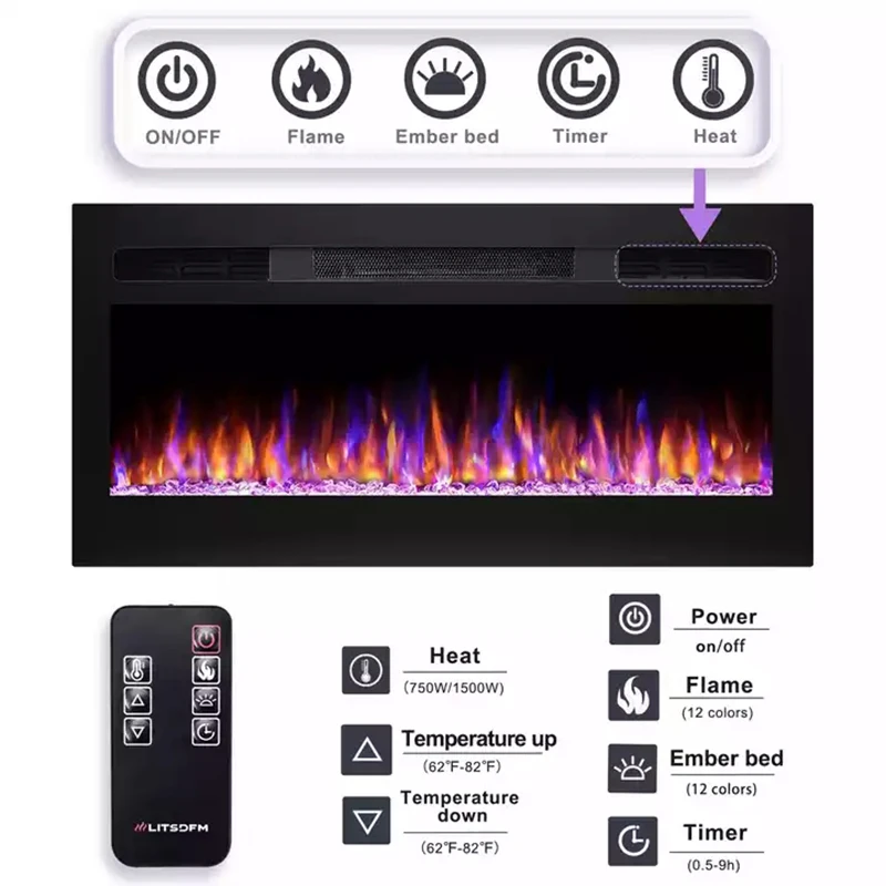 New 3D Electric Fireplaces Home Heater Indoor Stoves Recessed Wall Mounted Decor Flame Electric Fireplaces 31"36"43"50"60"72"