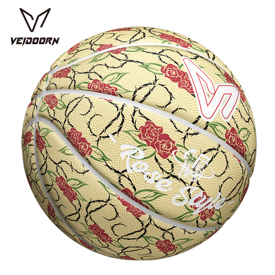 Size 7 PU Basketball with Red Rose Design Outdoor/Indoor Training Basketball for Men Kids High Bounce, Durable Grip for Street