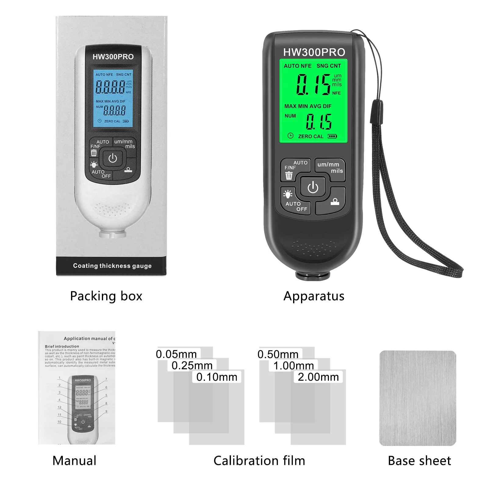 Digital Coating Thickness Gauge for Automotive Paint & Metal - HW-300PRO with Backlit LCD, ±(3%+1μm) Precision, 0-2000μm Range, 6