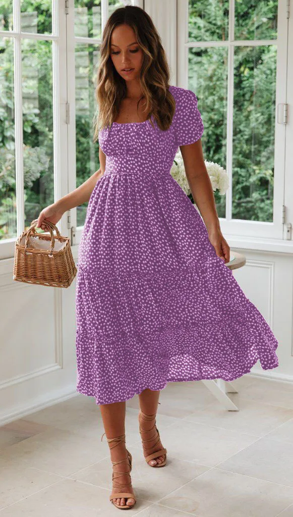 Summer Women Beach Sweet Dresses Vintage Vintage Print Puff Sleeve Casual Square Collar Floral Maxi Long Dress Festa Vestidos 3