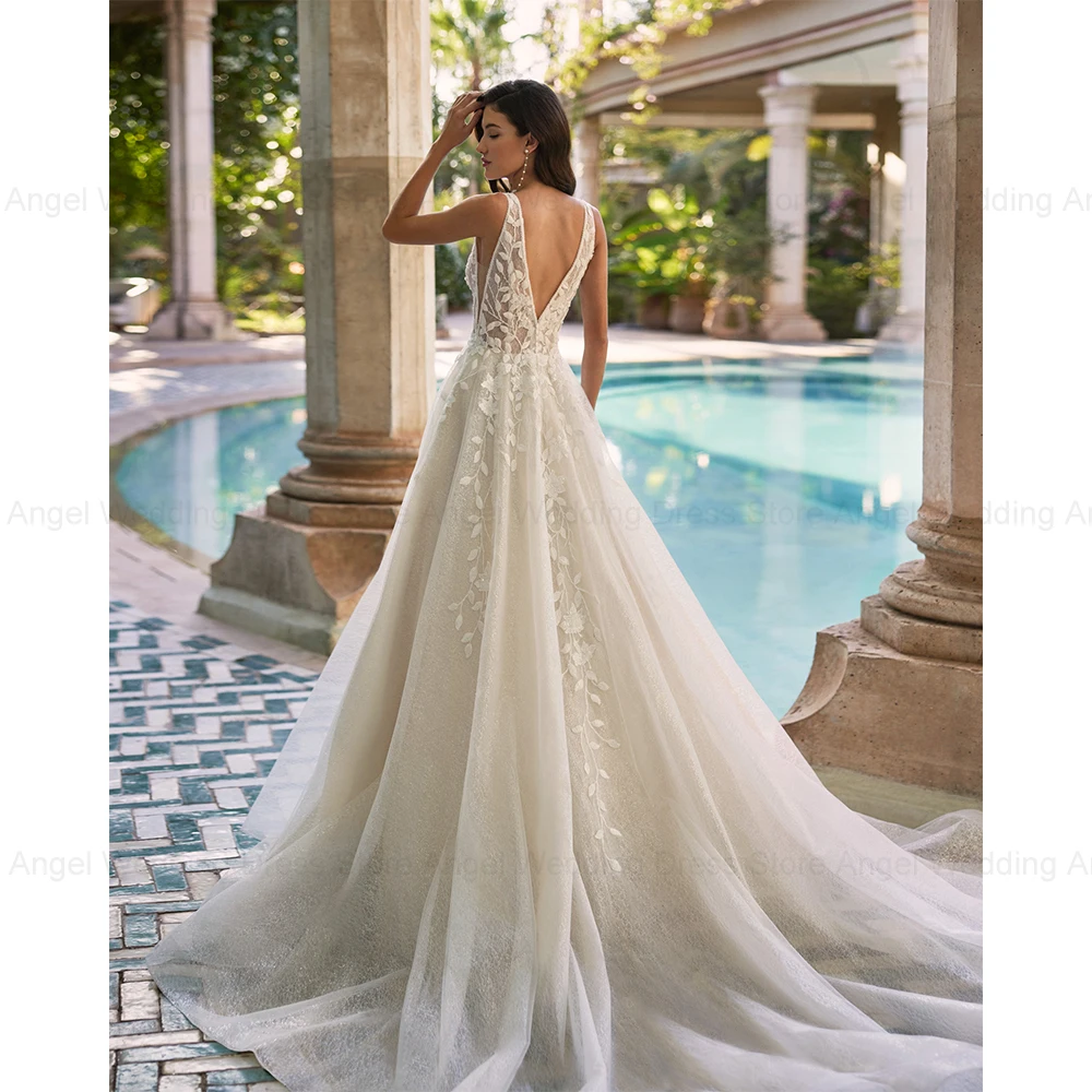 ANGEL Sparkle Backless Wedding Dresses 2024 Sleeveless A-Line V-Neck Bridal Gowns Leaf Appliques Tulle Zipper Vestidos de Novia 2