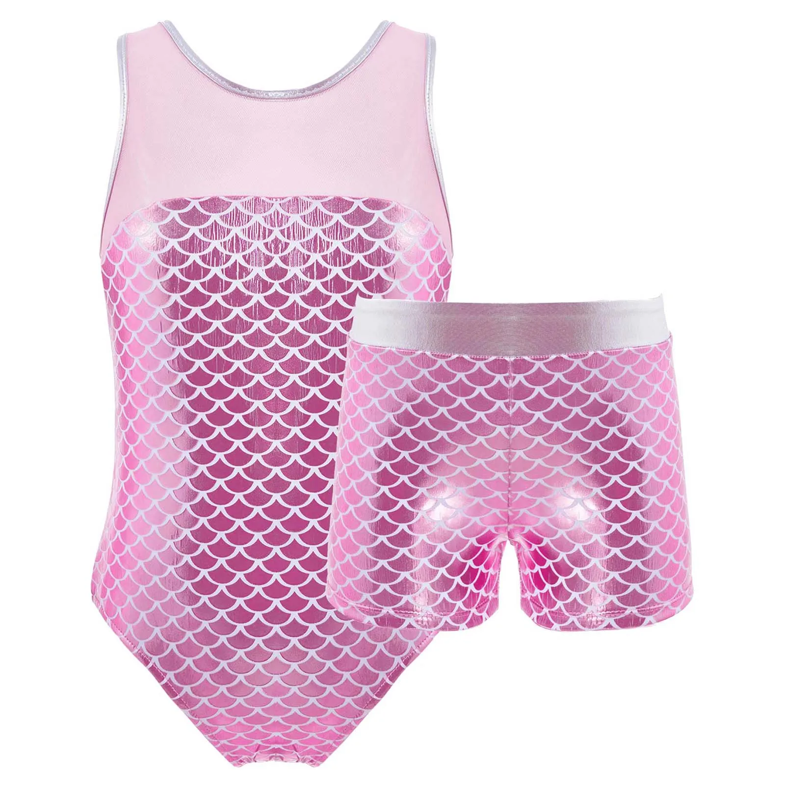 

Kids Girls Fish Scales Print Ballet Dance Outfit Sleeveless Leotard and Shorts Set for Gymnastic Workout Dancewear Sportswear