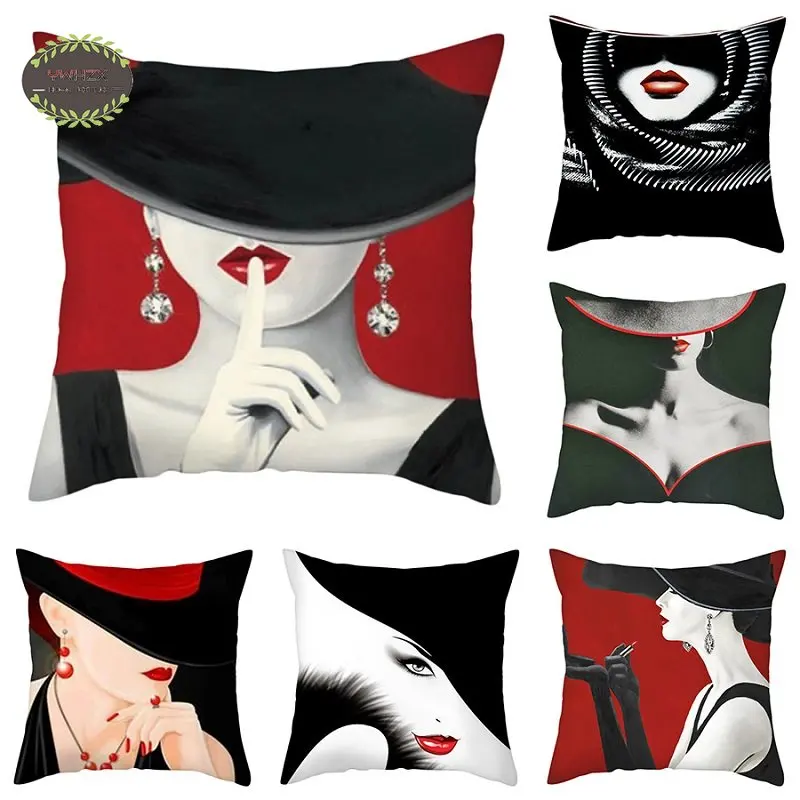 

Elegant Lady Pattern Pillow Case Decorative for Living Room Sofa Throw Pillowcases Red Black Peach Skin Cushion Cover Home Decor