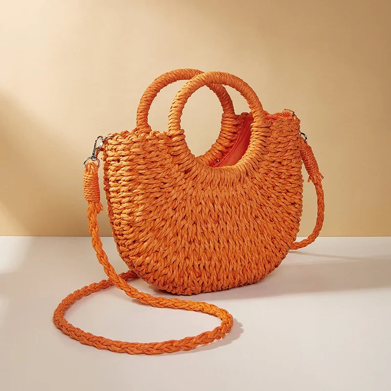 Summer Handmade Bags for Women Beach Weaving Ladies Straw Bag Wrapped Beach Bag Moon shaped Top Handle Handbags Totes