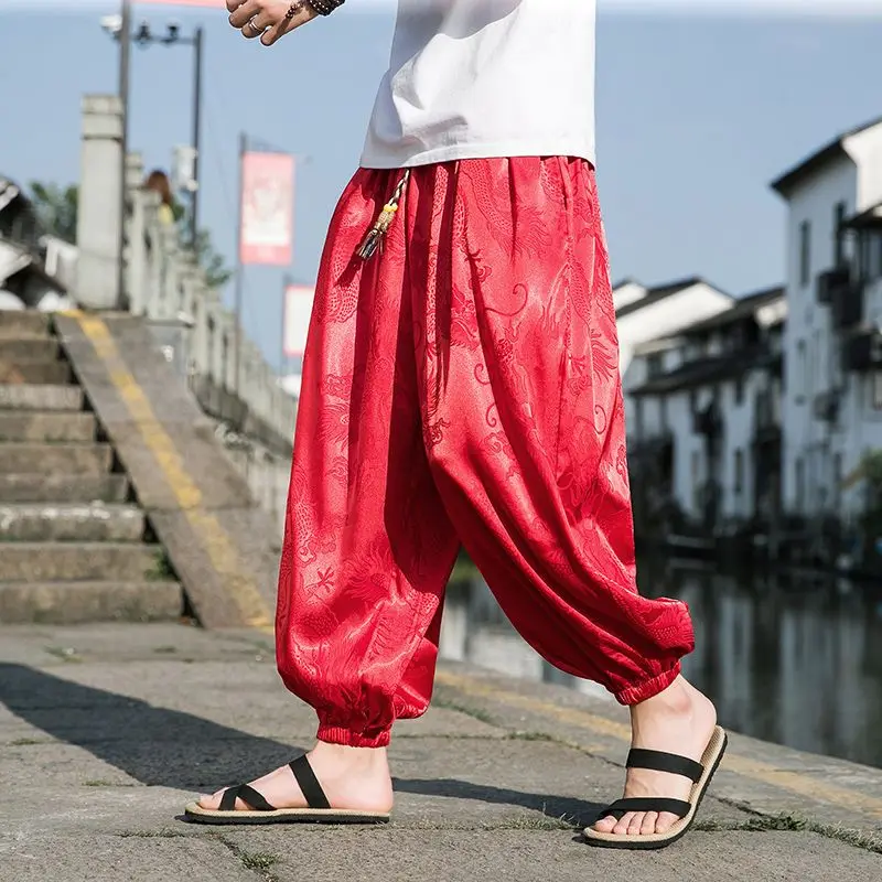 Summer Fashion Printing Casual Elastic Waist Lantern Pants Man Vintage Harajuku Loose Pockets Patchwork Ice Silk Fabric Trousers