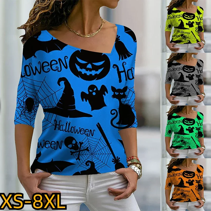 

Everyday Fashion T-shirt Autumn Winter Women'sPumpkin PrintingPrint Long Sleeve XS-8XL Halloween Top V-neck Pullover