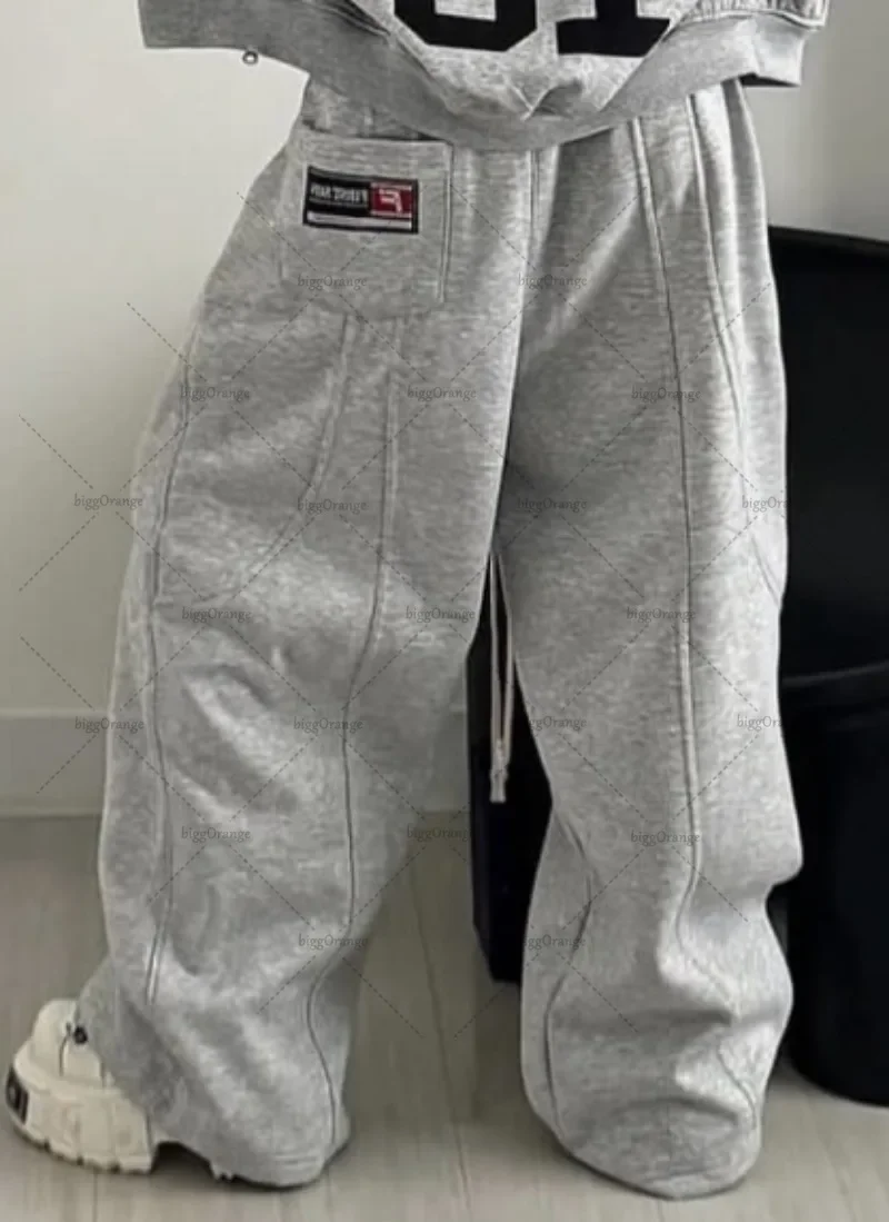 High Street American Retro Streetwear Women's Suit Two-piece Set Trendy Harajuku Zipper Hoodie Casual Splicing Grey Sweatpants 5