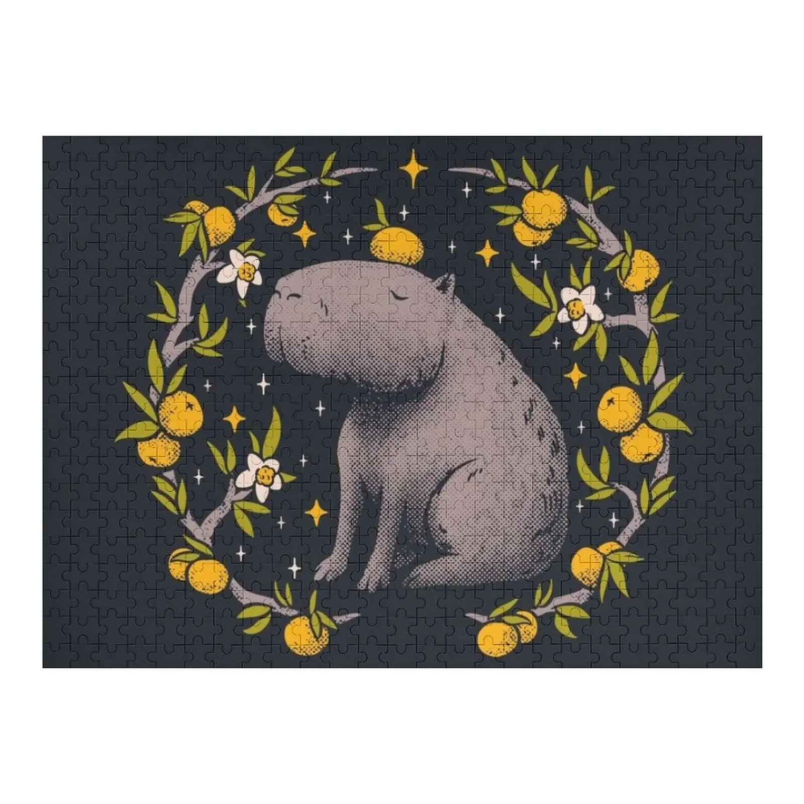 

Capybara Cottagecore Aesthetic Chilling With Orange on Head Goblincore Capy Yuzu Citrus Fruit Blossom Flowers Medi Jigsaw Puzzle