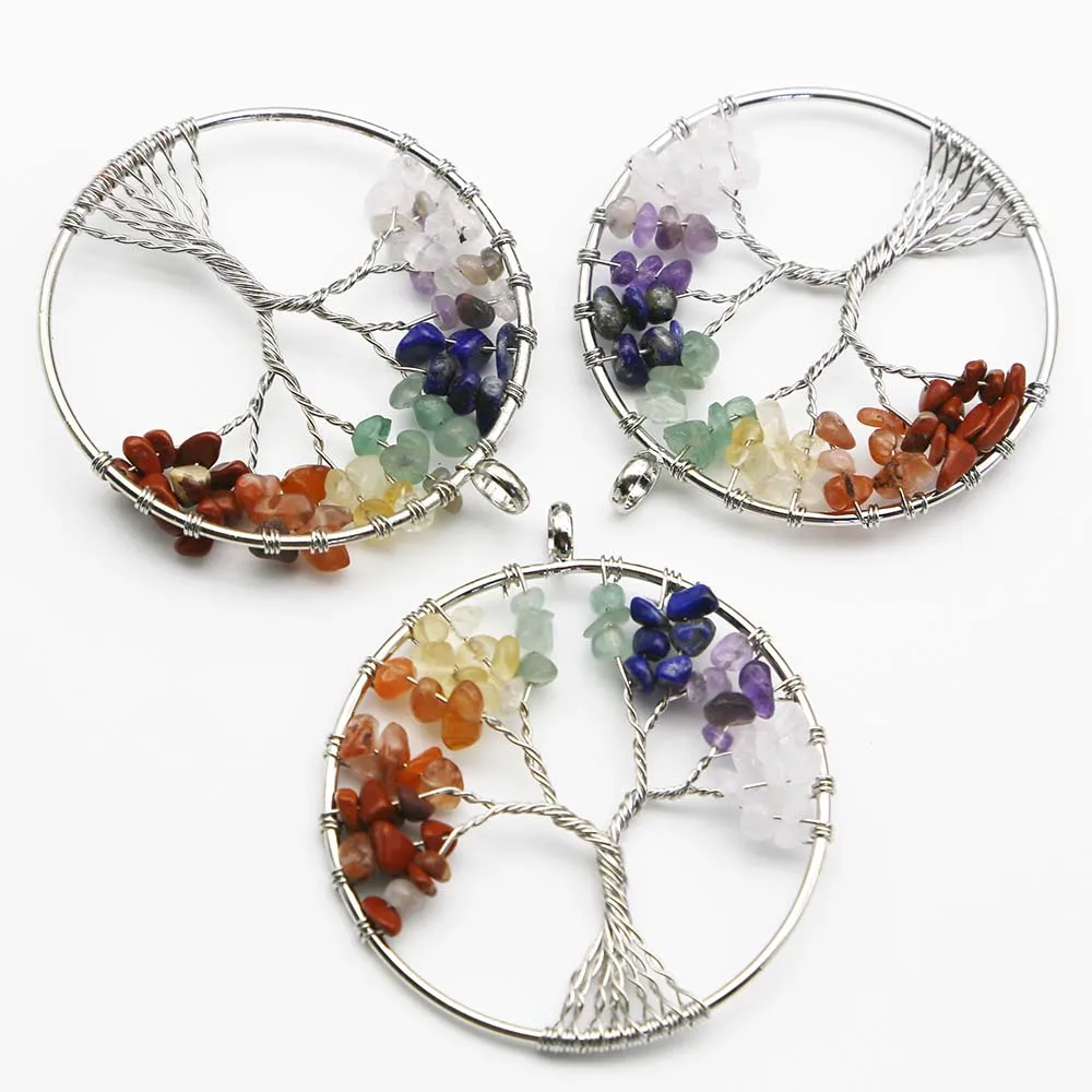 Natural Stone Colorful Crystal Silver Round Fortune Life Tree Pendant Necklace Charm DIY Jewelry Accessories Gift Wholesale 8Pcs