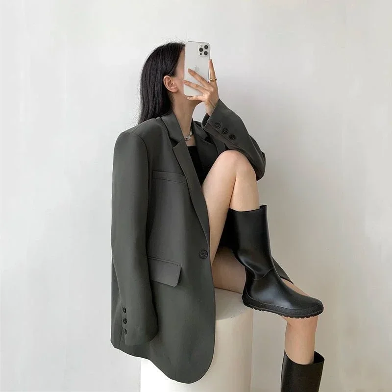 

Black Jacket Dress Blazer Woman Gray Over Clothes Long Outerwears Loose Solid Coats for Women Elegant and Youth Youthful Spring