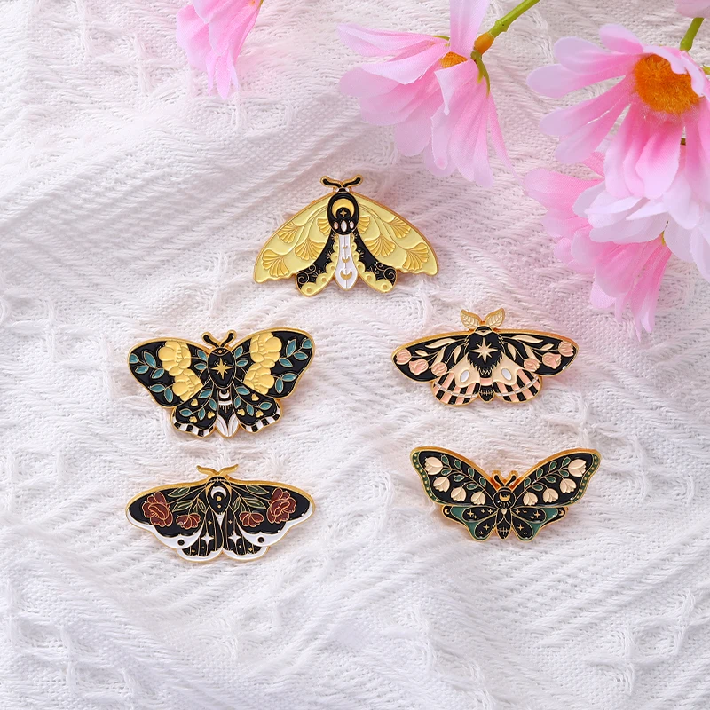 Floral Moth Butterfly Enamel Pins Custom Insect Brooches Lapel Badges Gothic Moon Nature Jewelry Gift for Kids Friends