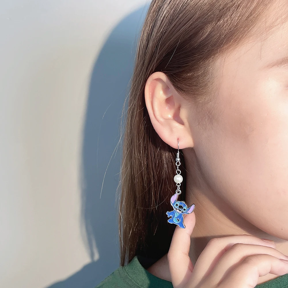 Disney Lilo & Stitch Drop Earrings for Women Girls Cosplay Accessories Stitch and Angel Pearl Crystal Pendant Earring Gifts