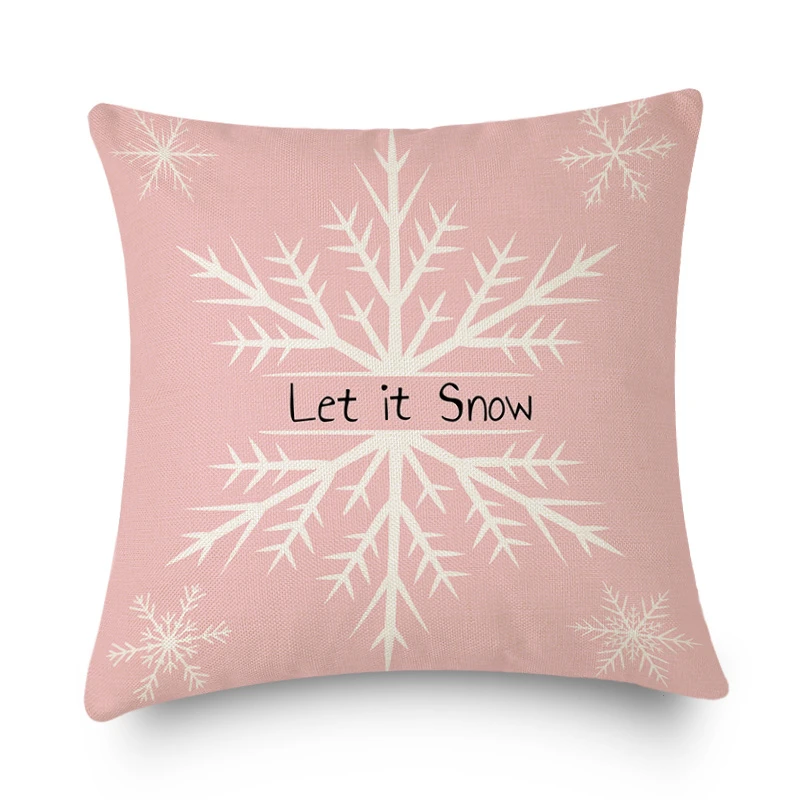 Pink Print Linen Throw Pillowcase Sofa Decorative Merry Christmas Snowflake Xmas Tree Cushion Cover Home Holiday New Year Decor