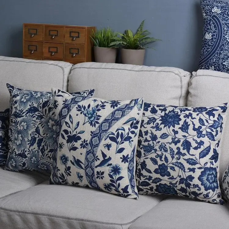Ethnic Blue Floral Decorative Pillows Sofa Cushion Cover Flower Bird Pillowcase Living Room Decoration Farmhouse Pillow Case 1
