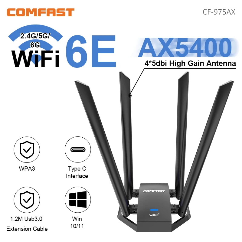 Adaptador Dongle Usb Wifi para pc Placa de Rede Driver Livre Wpa3 Win10 11 Cf-975ax Ax5400 2.4g 5g 6g Antena