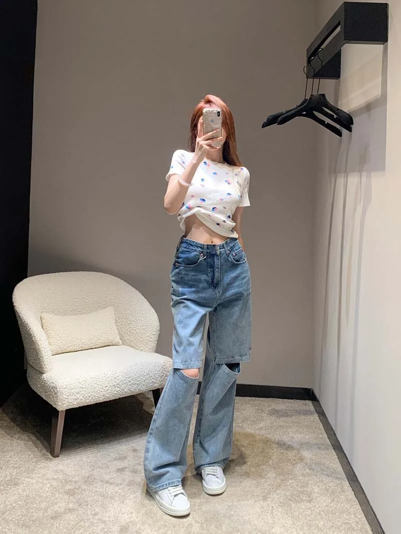 

Academy style, fashionable, casual, trendy, versatile, versatile daily commuting distressed printed letter jeans