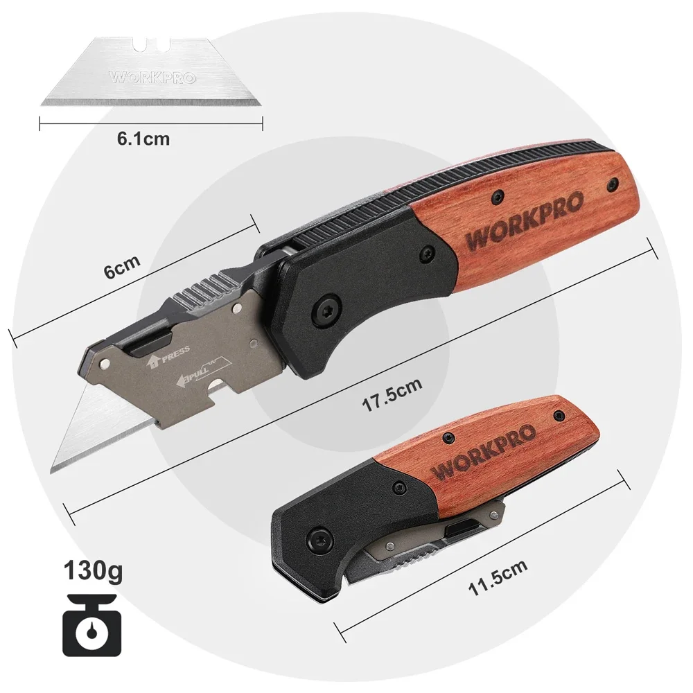 WORKPRO Utility Knife Wooden Handle Quick Release with 10 Extra Blades for Paper Cutter DIY Hand Tools utility knife
