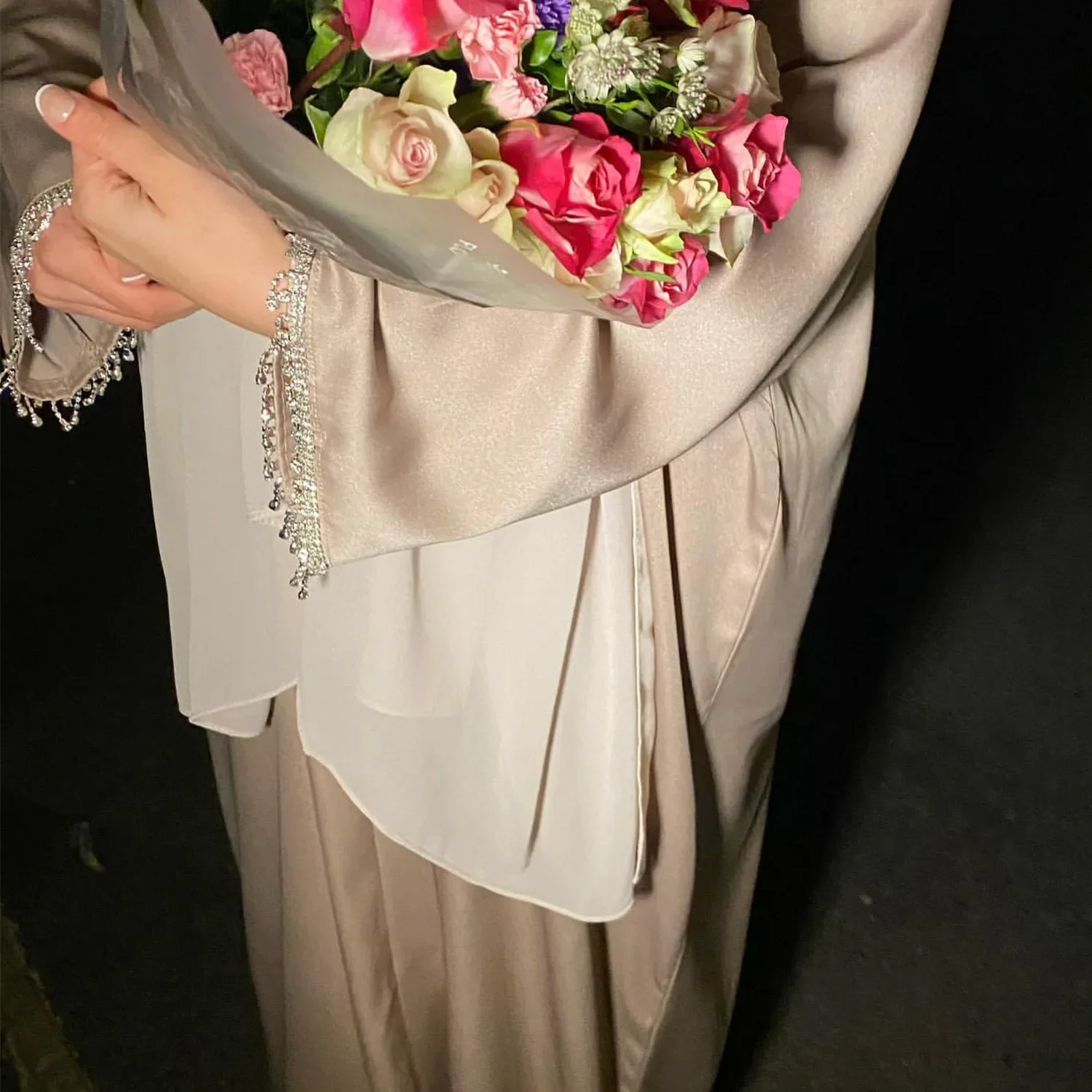 Eid Satin Plain Open Abaya Kimono Dubai Turkey Beading Muslim Abayas for Women Arabic Party Dress Kaftan Hijab Robe Islam Outfit