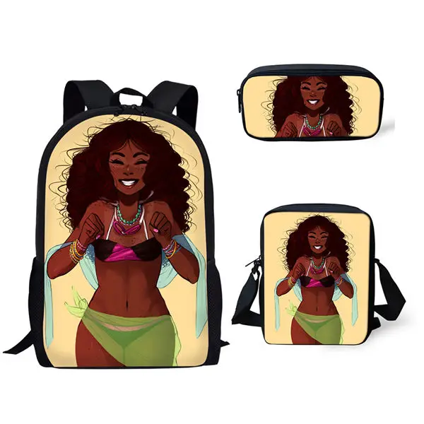Popular Black African Girls 3D Print 3pcs/Set pupil School Bags Laptop Daypack Backpack Inclined shoulder bag Pencil Case
