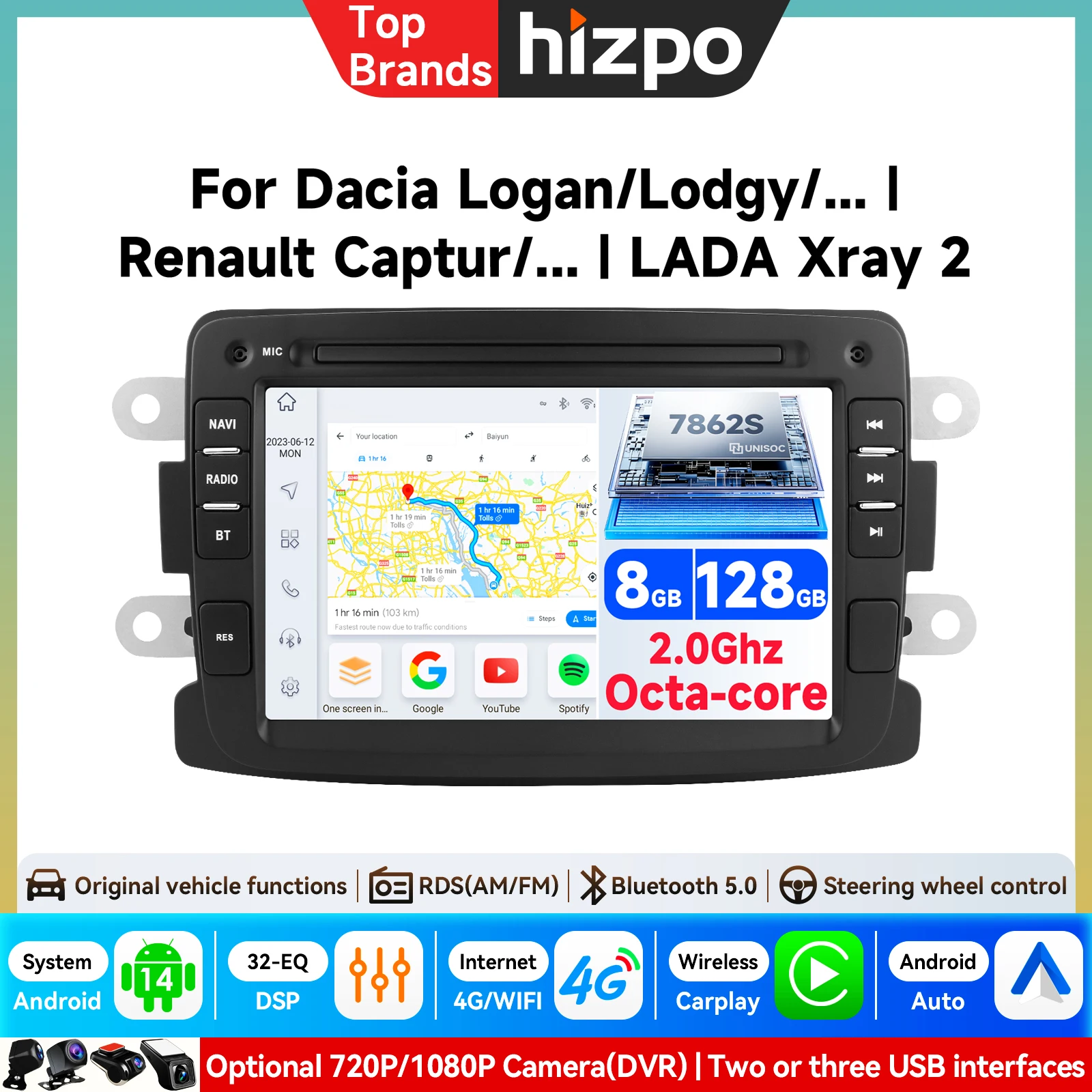 Radio para Auto Hizpo de 7 Pulgadas con CarPlay y Android para Renault Dacia Sandero/Duster/Logan/Dokker 2010-2015, Multimedia, GPS, Bluetooth, FM 1