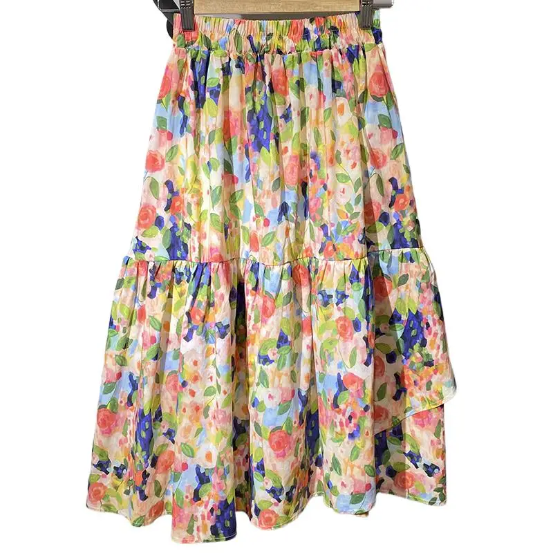 

Cotton Linen Print Skirt For Women New Summer Bevelled Ruffle Skirt A-line Elastic Waist Dress Bohemia Holiday Beach Party Dress