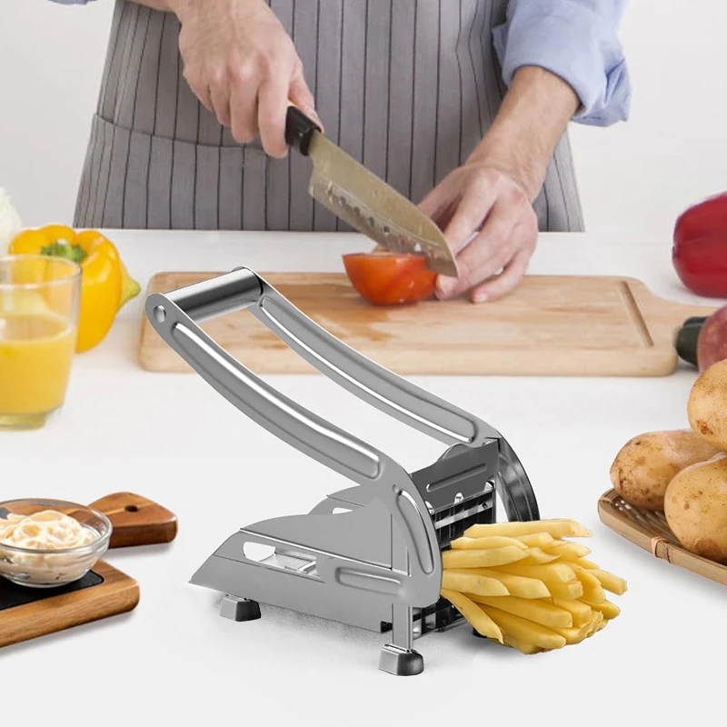 French Fry Cutter Stainless Steel Manual Potato Slicer with 2 Blades