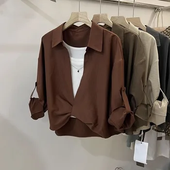 Moda Semplicità Elegante Tendenza Primavera Estate Pullover Top Manica lunga Colletto polo Falso due camicie a maniche lunghe per le donne