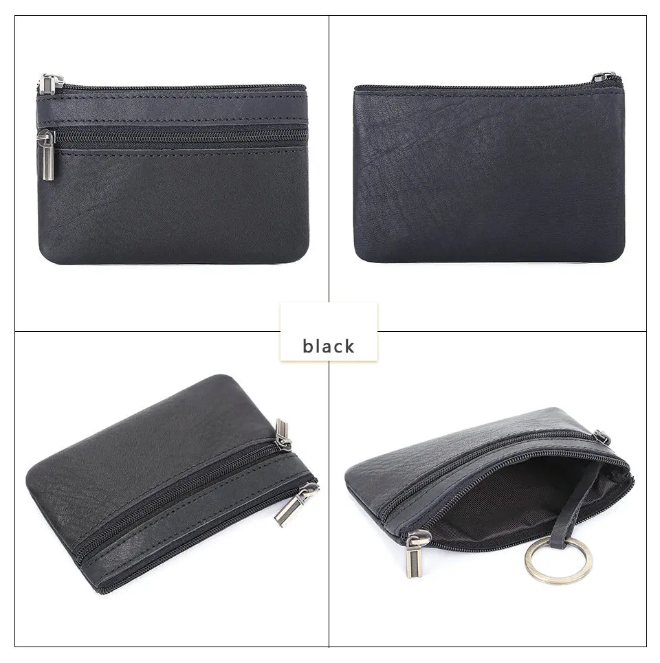 Vintage Genuine Leather Coin Purse with Keychain - Cowhide Zipper Wallet & Key Holder