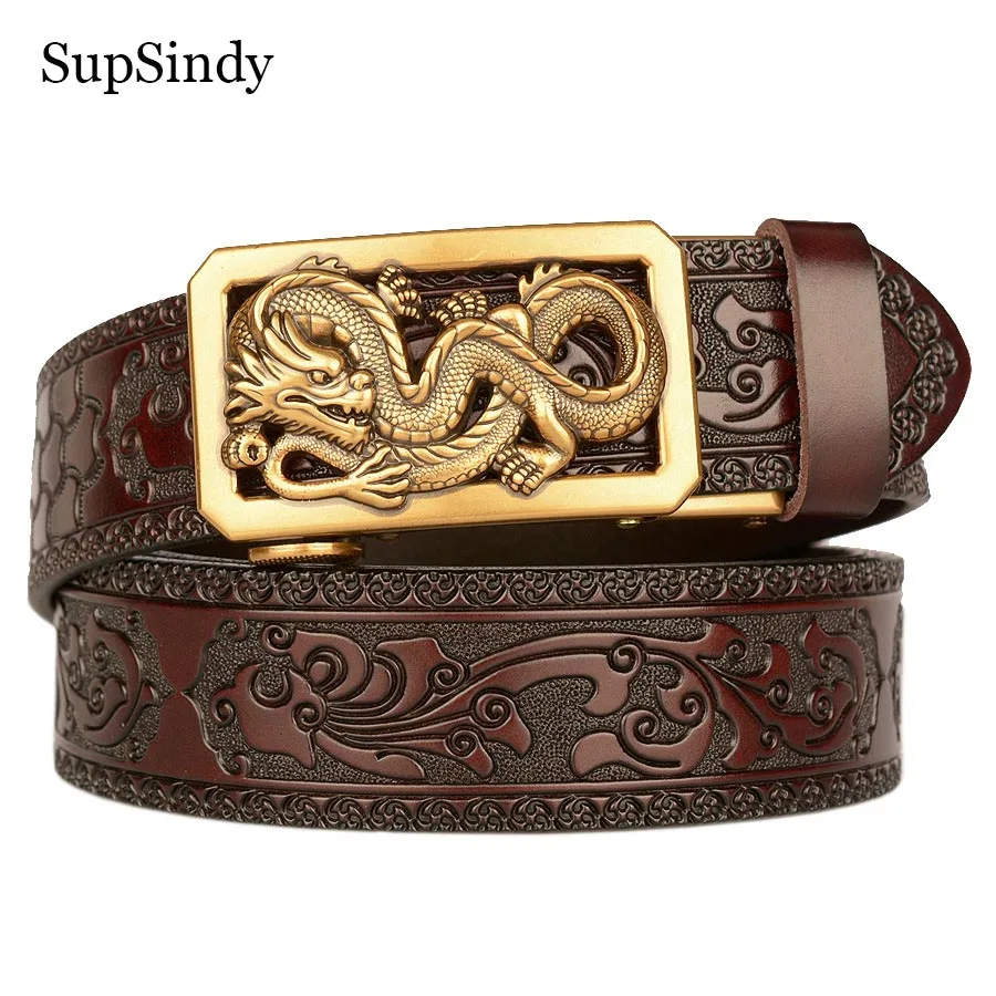 

SupSindy New Men Genuine Leather Belt Luxury Gold Dragon Metal Automatic Buckle Cowhide Belts for Men Jeans Waistband Male Strap