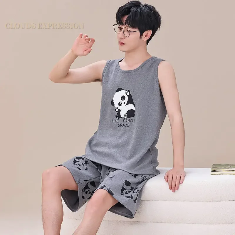 Cartoon Dinosaur Boys Pyjamas Knitted Mens Pajamas Sets Sleepwear Nightwear Loungewear Summer 4XL pajama sets