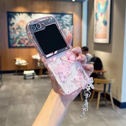 Glitter Bling Epoxy Pendant Shockproof Case with Cartoon Butterfly and Curly Border Design - Galaxy Z Flip5 (Pink)