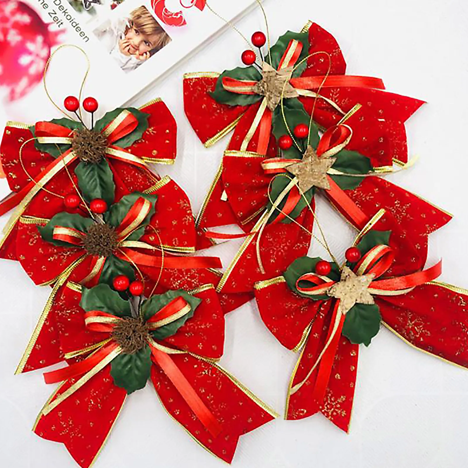 Mini Bow Christmas Tree Decoration Leaf Bow Decorations Christmas Ornaments Bowknot Crafts Suitable for Family Party Supplies
