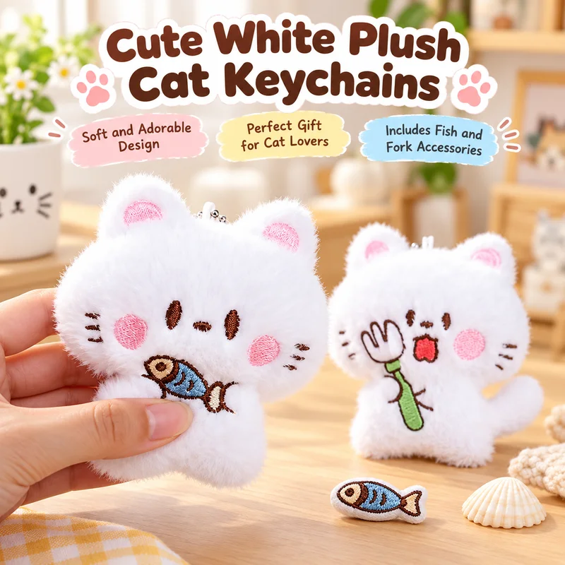 Adorable Fluffy Cat Plush Keychain - Soft Cartoon Pendant