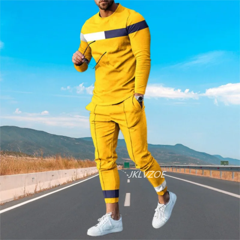 

3D Printed Yellow Male Streetwear Autumn Men Clothing Fashion Long Sleeved T Shirt+Trousers Casual Tracksuit 2 Piece Suit